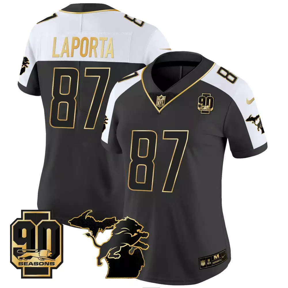 Sam Laporta Detroit Lions 90th Year Michigan Patch Gold Vapor Jersey | Stitched Fan Gear | For Women | For Men, Women & Youth