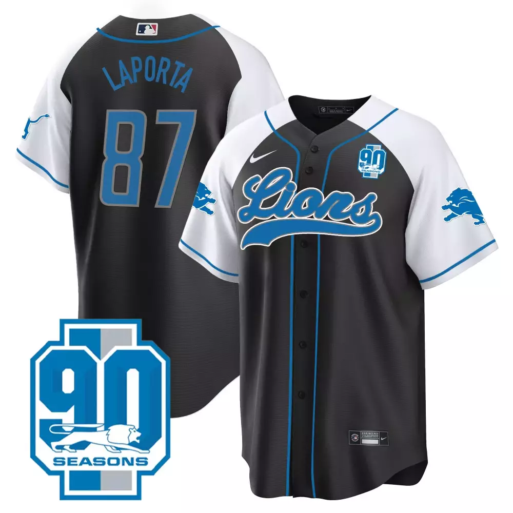 Sam Laporta Detroit Lions 90th Year Patch Baseball Black Alternate Jersey | Stitched Edition | Fan Gear | For Men, Women & Youth