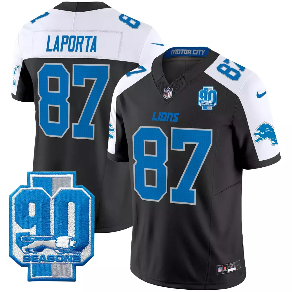 Sam Laporta Detroit Lions 90th Year Patch Baseball Black Alternate Jersey | Stitched Edition | Fan Gear | For Men, Women & Youth