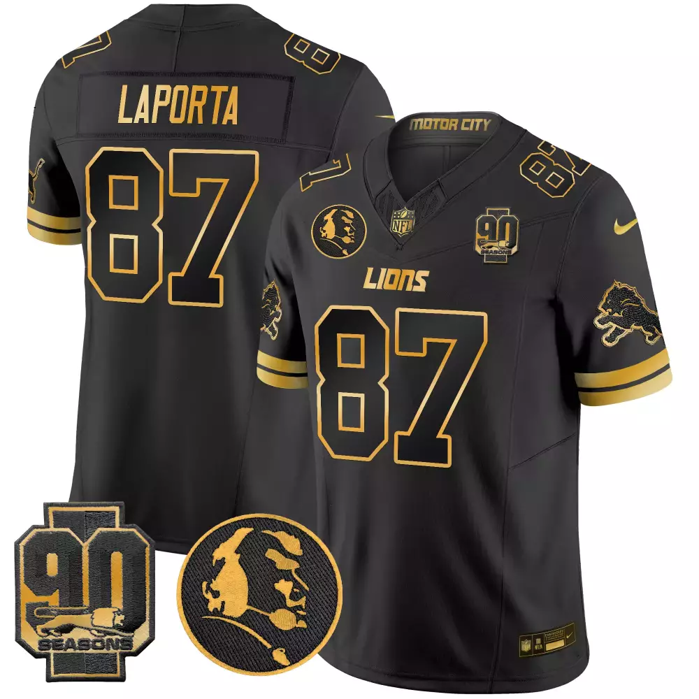 Sam Laporta Detroit Lions 2024 Black Gold Jersey | 90th John Madden Patch | Stitched Vapor Limited Edition V2 for Men, Women & Youth