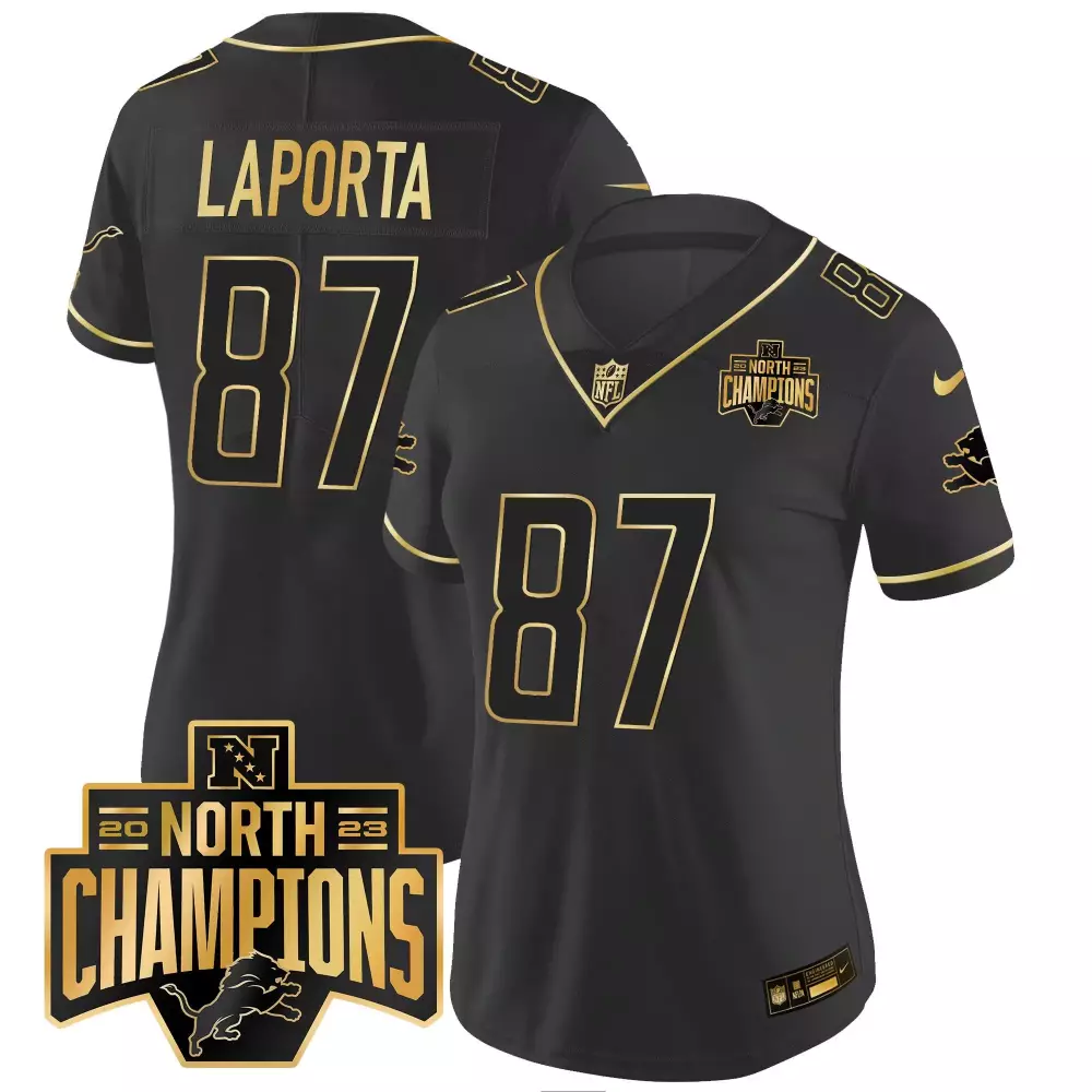 Sam Laporta Black Gold Women’s Detroit Lions 2024 NFC North Division Champions Patch Gold Vapor Limited Jersey | All Stitched | For Men, Women & You