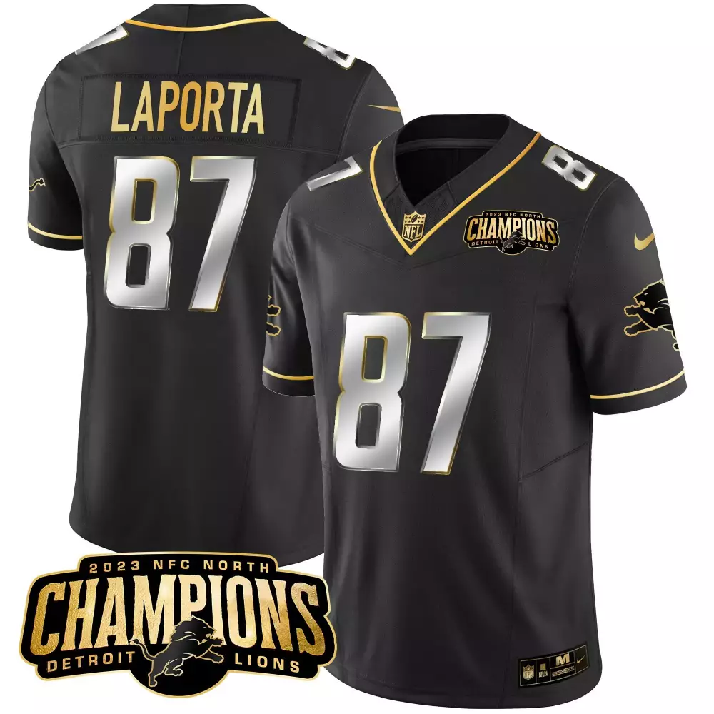 Sam Laporta Detroit Lions 2023 Black Limited Edition Jersey | Stitched NFC North Champions Patch | Gold Vapor | For Men, Women & Youth