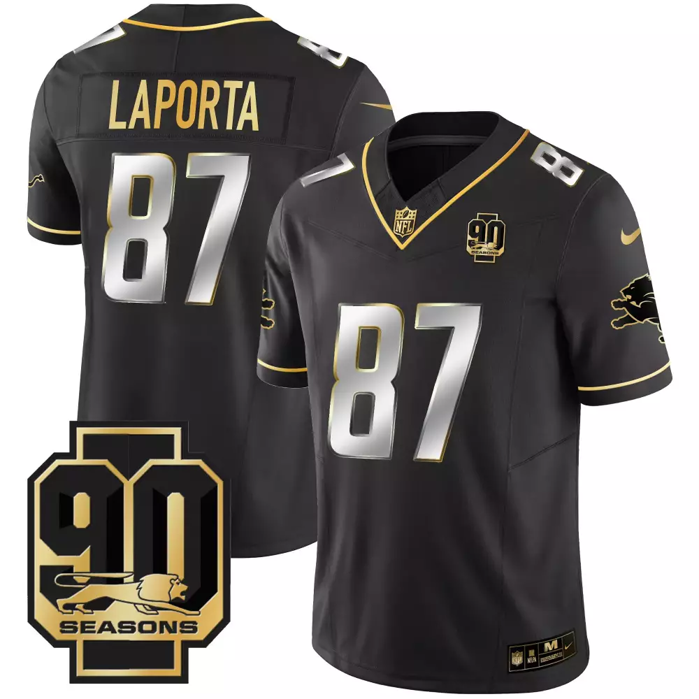 Sam Laporta Detroit Lions 90th Year Black Limited Edition Jersey | Stitched Patch | Gold | For Women | For Men, Women & Youth
