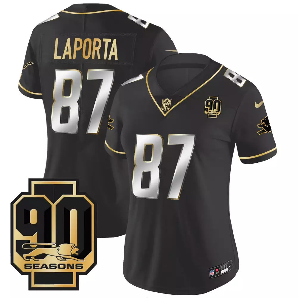 Sam Laporta Detroit Lions 90th Year Patch Baseball Black Alternate Jersey | Stitched Edition | Fan Gear | For Men, Women & Youth