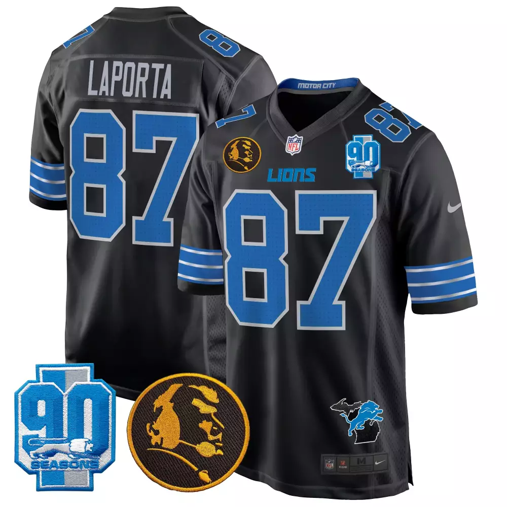 Sam Laporta Detroit Lions 2024 Black Jersey | 90th John Madden Patch | Game Day Outfit for Men, Women & Youth