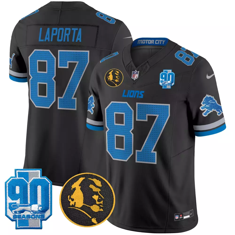 sam laporta black mens detroit lions 2024 90th john madden patch vapor limited jersey all stitched