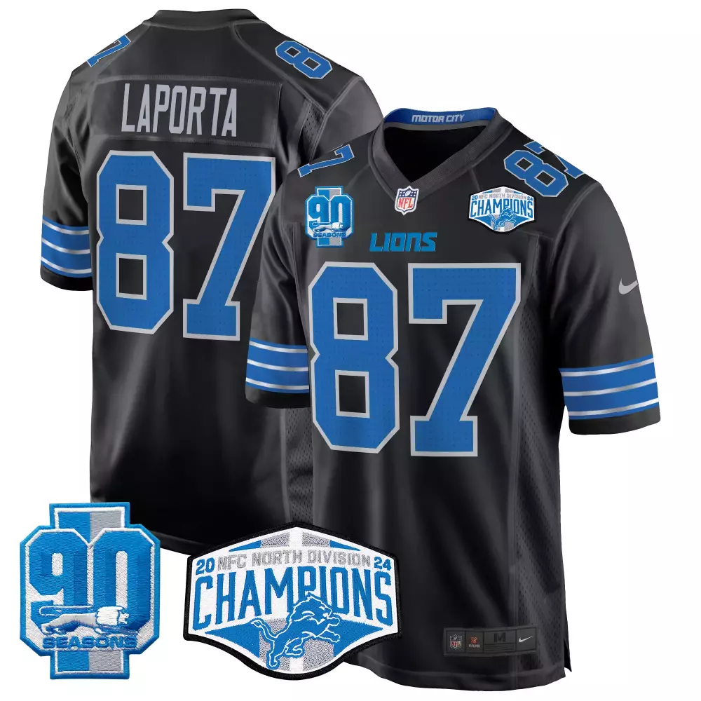 Sam Laporta Detroit Lions 2024 Black Jersey | NFC North Division Champions Patch | Game Day Outfit for Men, Women & Youth