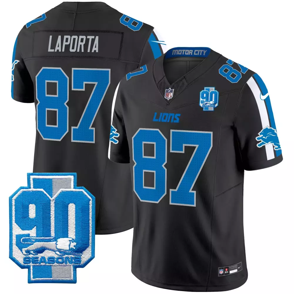Sam Laporta Detroit Lions 90th Year Patch Baseball Black Alternate Jersey | Stitched Edition | Fan Gear | For Men, Women & Youth