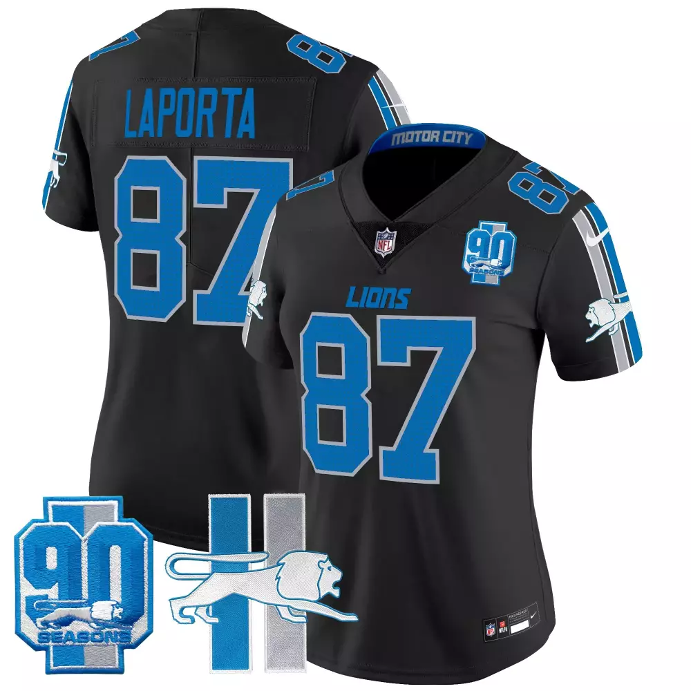 Sam Laporta Black Women's Detroit Lions Throwback 90th Year Patch Vapor Limited Jersey | Stitched Fan Gear | For Men, Women & Youth