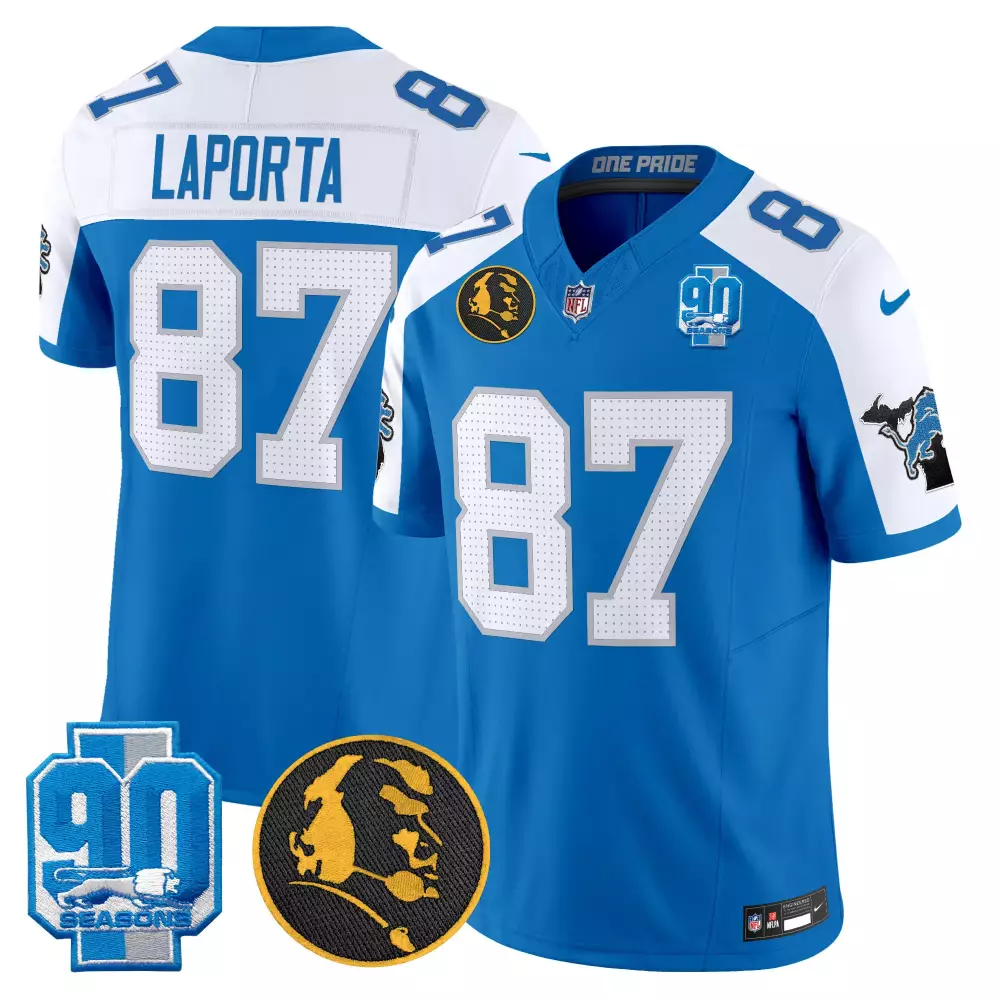 Sam Laporta Blue Alternate Men's Detroit Lions 2024 90th John Madden Patch Vapor Limited Jersey | Stitched Fan Gear | For Men, Women & Youth