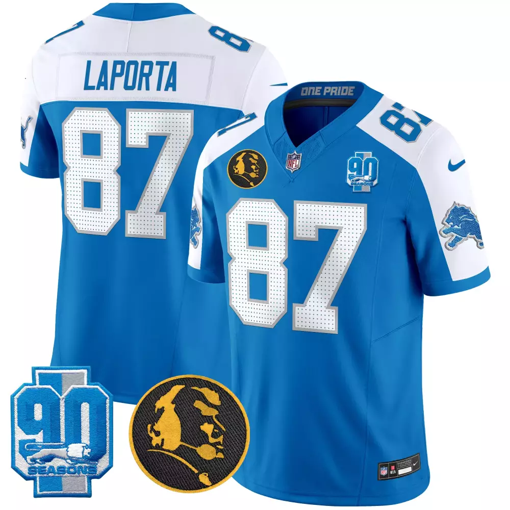 Sam Laporta Blue Alternate Men's Detroit Lions 2024 90th John Madden Patch Vapor Limited Jersey | Stitched Fan Gear | For Men, Women & Youth