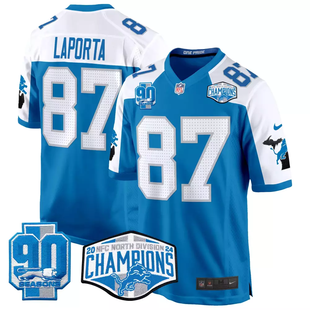 Sam Laporta Blue Alternate Men's Detroit Lions 2024 90th John Madden Patch Vapor Limited Jersey | Stitched Fan Gear | For Men, Women & Youth