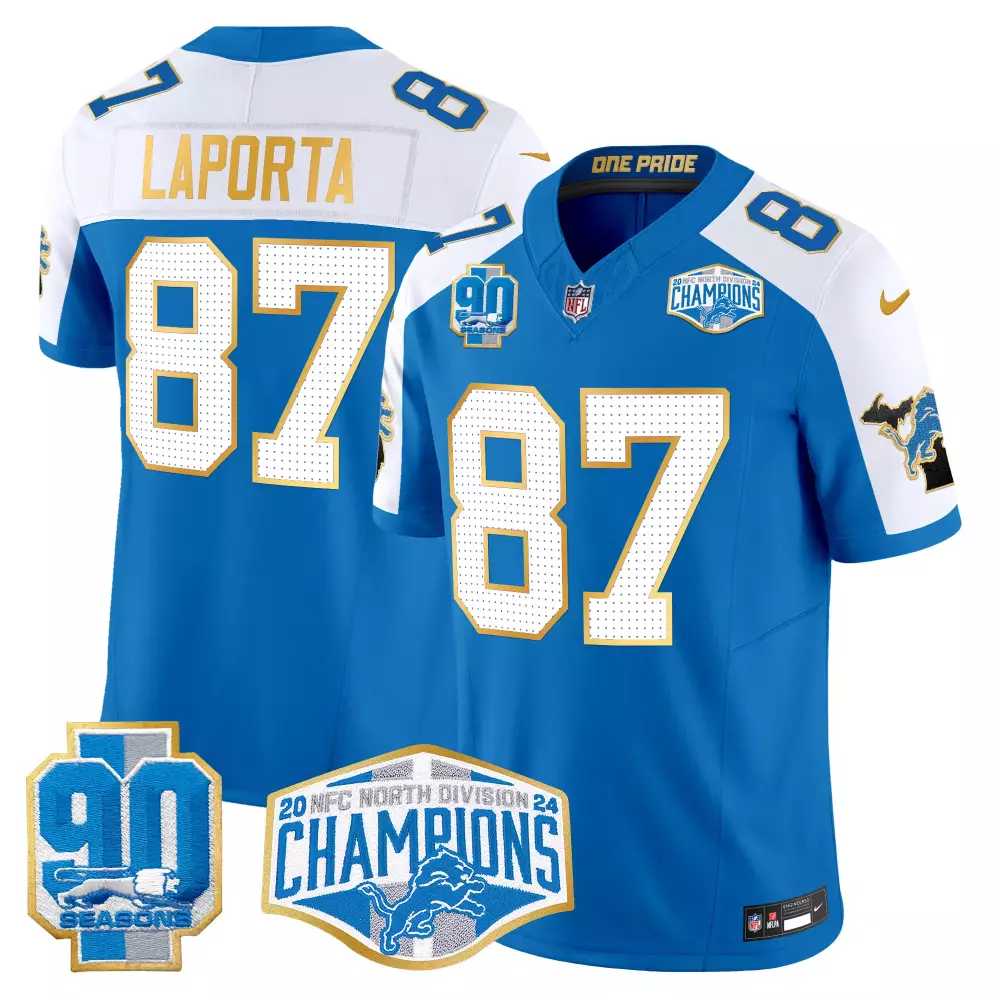 Sam Laporta Blue Alternate Men's Detroit Lions 2024 90th John Madden Patch Vapor Limited Jersey | Stitched Fan Gear | For Men, Women & Youth