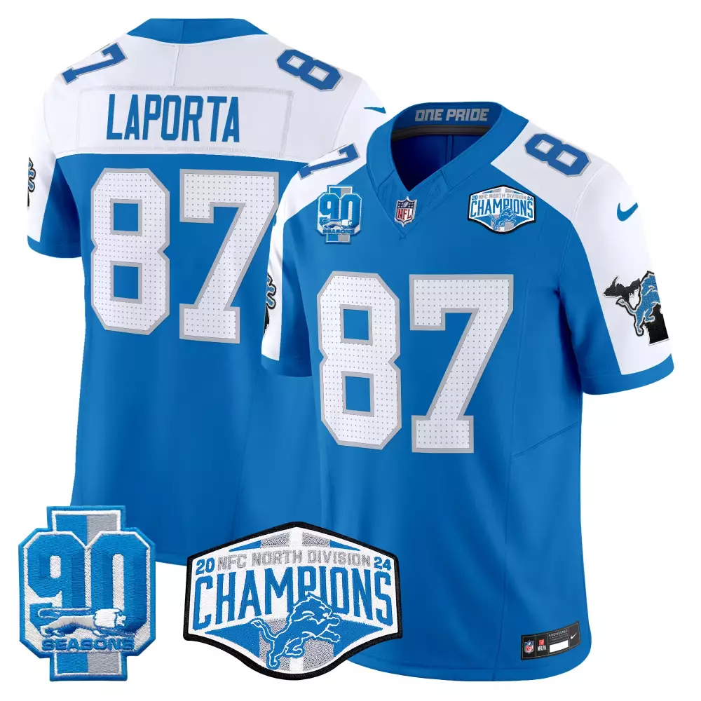 Sam Laporta Blue Alternate Men's Detroit Lions 2024 NFC North Division Champions Patch Vapor Limited Jersey | Stitched Fan Gear | For Men, Women & Youth