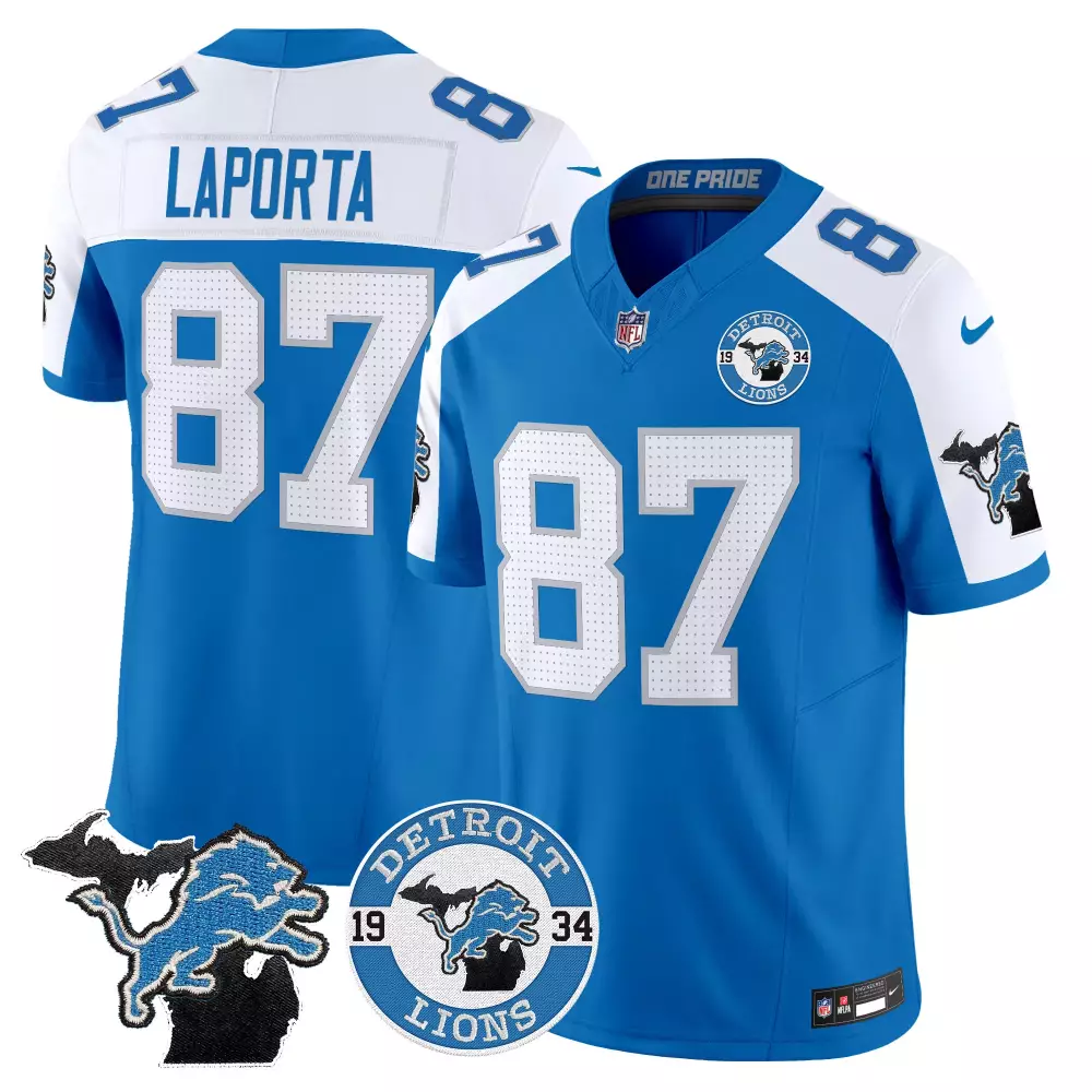 Sam Laporta Blue Alternate Men's Detroit Lions 2024 NFC North Division Champions Patch Vapor Limited Jersey | Stitched Fan Gear | For Men, Women & Youth