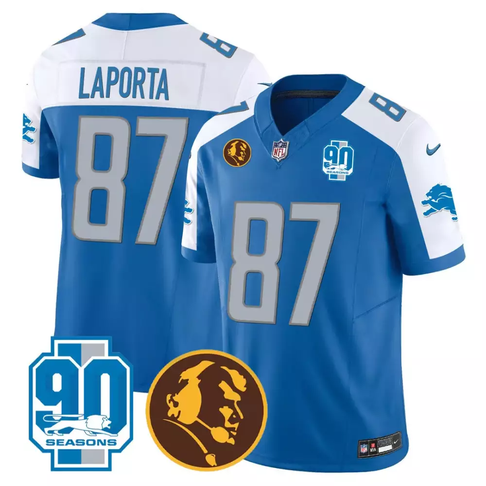 Sam Laporta Blue Alternate Men's Detroit Lions 2024 NFC North Division Champions Patch Vapor Limited Jersey | Stitched Fan Gear | For Men, Women & Youth