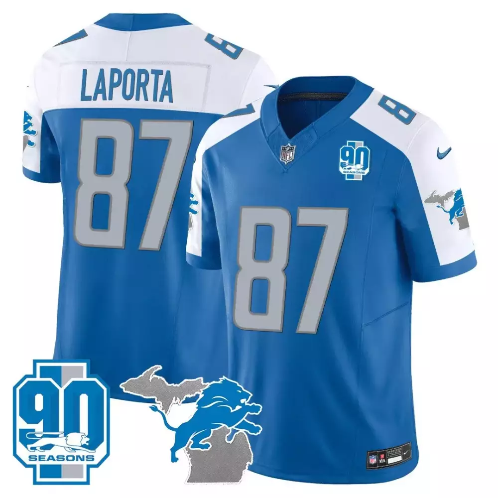 Sam Laporta Blue Alternate Men's Detroit Lions 2024 NFC North Division Champions Patch Vapor Limited Jersey | Stitched Fan Gear | For Men, Women & Youth