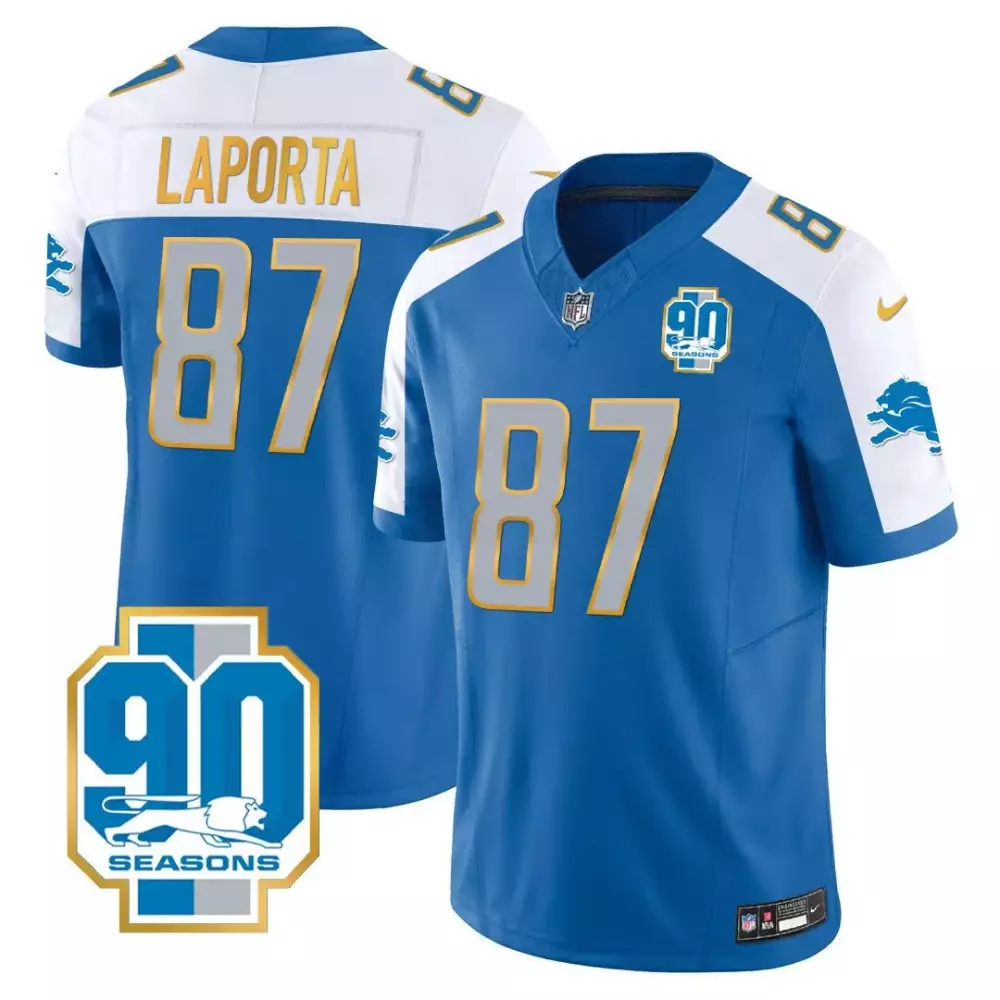 Sam Laporta Blue Alternate Men's Detroit Lions 90th Year Patch Gold Trim Jersey | Stitched Fan Gear | For Men, Women & Youth