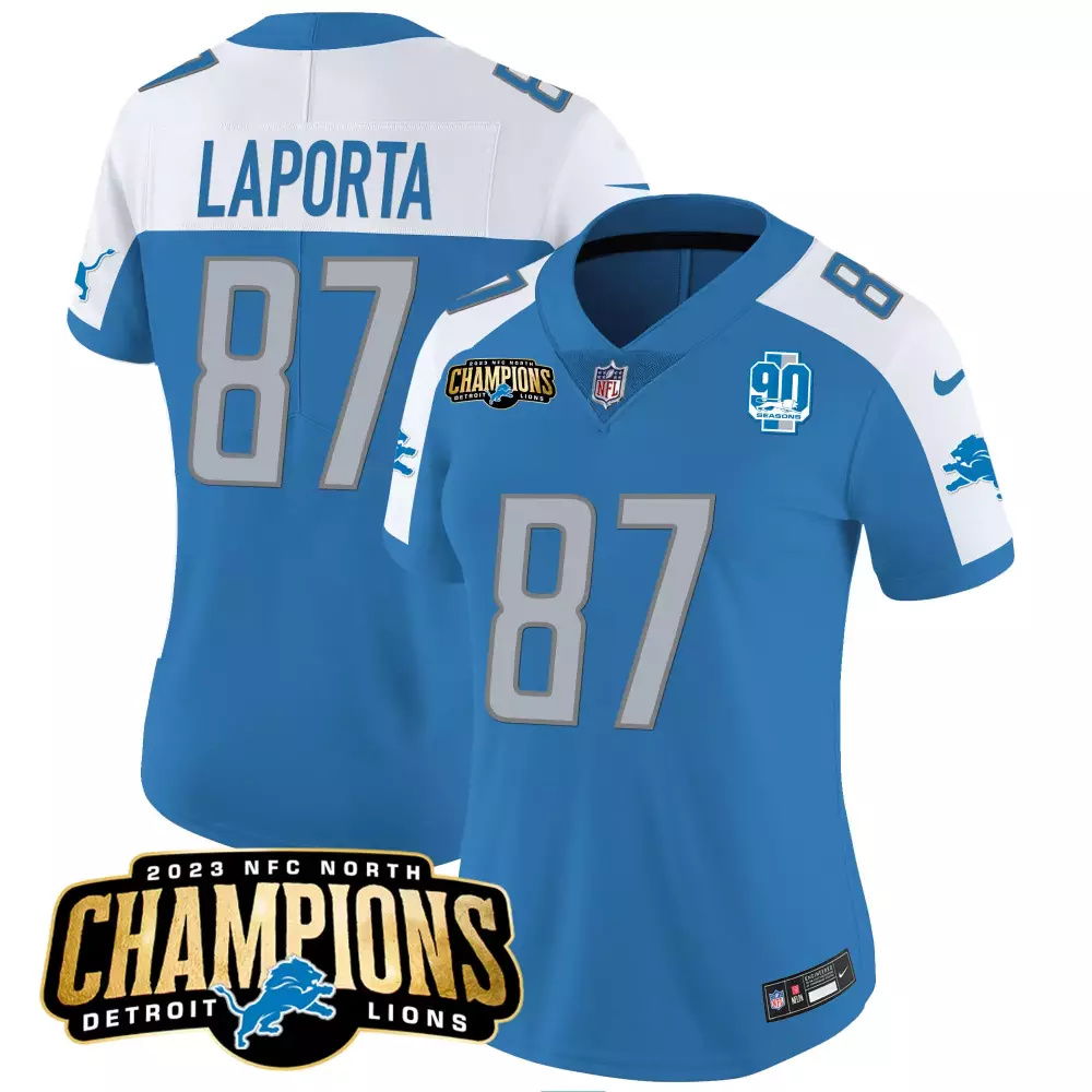 Sam Laporta Blue Alternate Women's Detroit Lions 2023 NFC North Champions Patch Vapor Jersey V2 | Stitched Fan Gear | For Men, Women & Youth