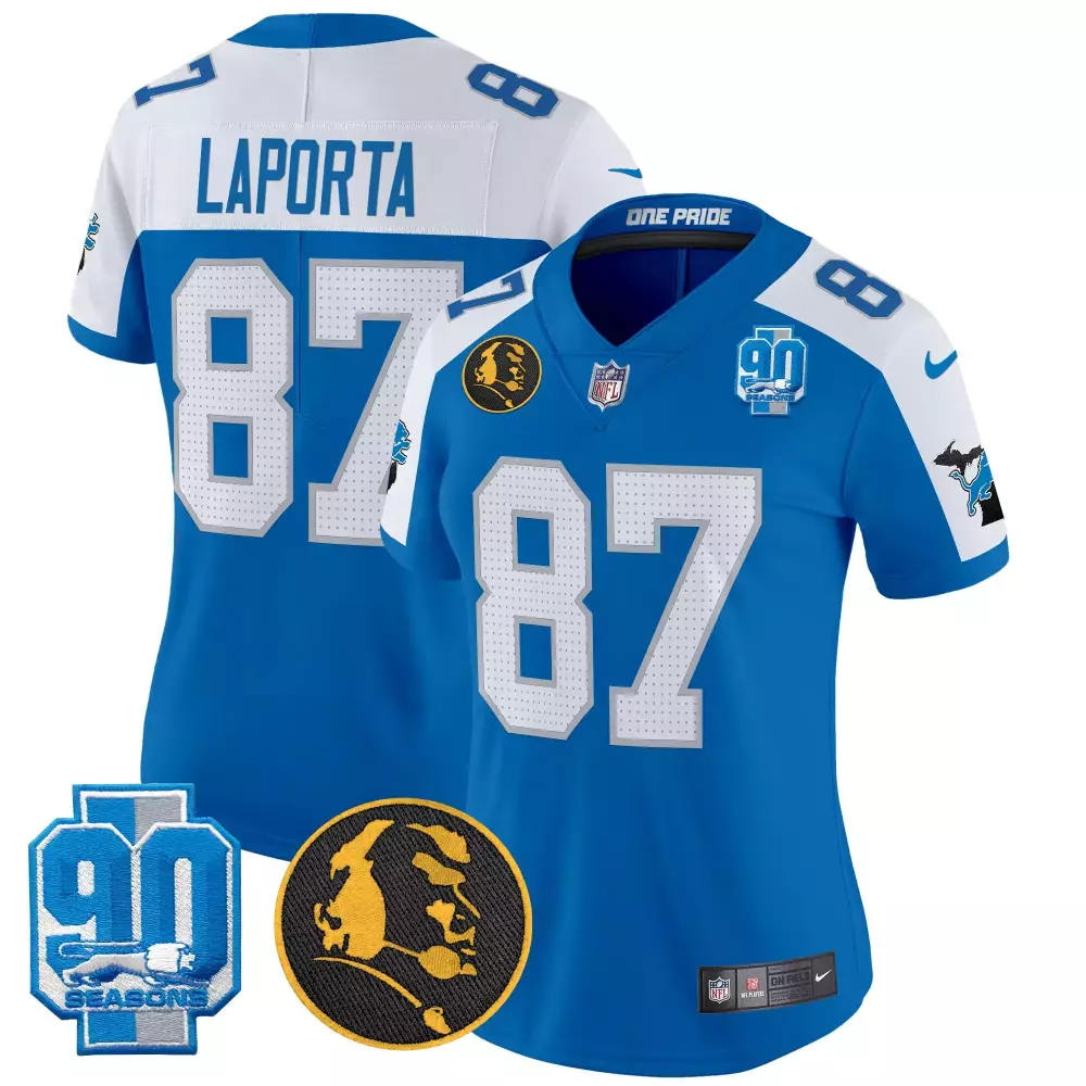 Sam Laporta Blue Alternate Women's Detroit Lions 2023 NFC North Champions Patch Vapor Jersey V2 | Stitched Fan Gear | For Men, Women & Youth