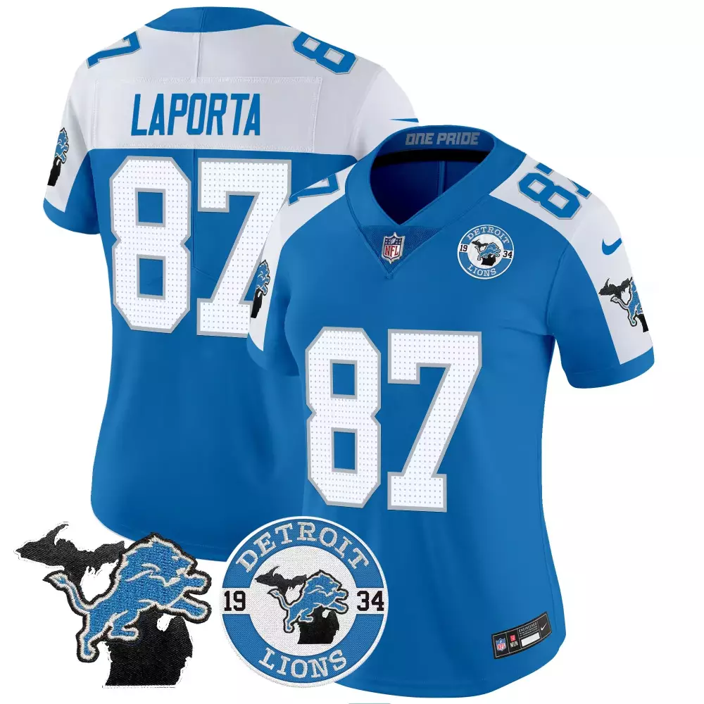 Sam Laporta Blue Alternate Women's Detroit Lions 2024 Vapor Limited Jersey Est 1934 Patch | Stitched Fan Gear | For Men, Women & Youth