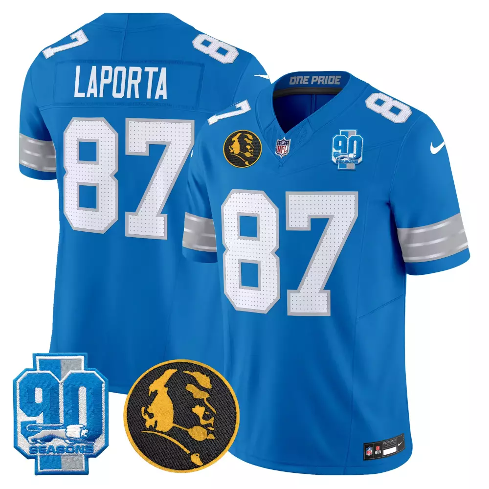Sam Laporta Blue Men's Detroit Lions 2024 90th John Madden Patch Vapor Limited Jersey | Stitched Fan Gear | For Men, Women & Youth