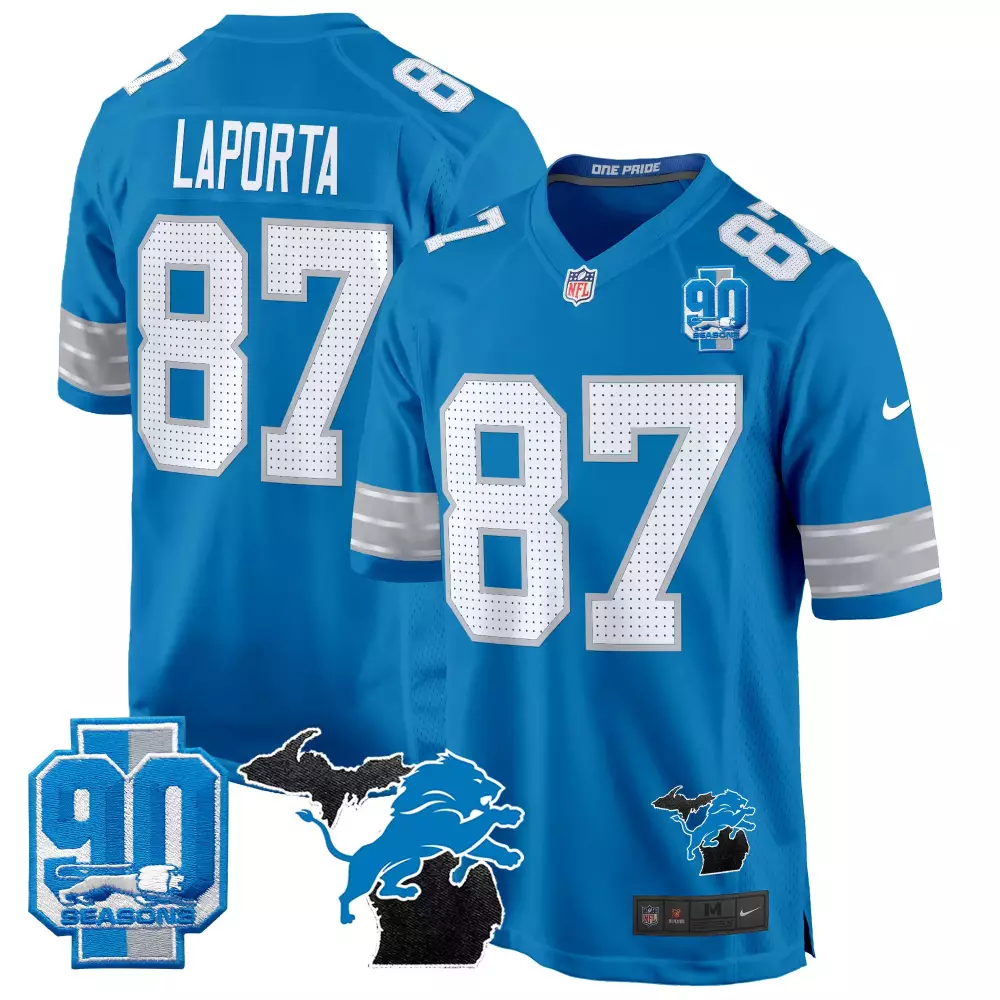 sam laporta blue mens detroit lions 2024 michigan 90th year patch game jersey all stitched