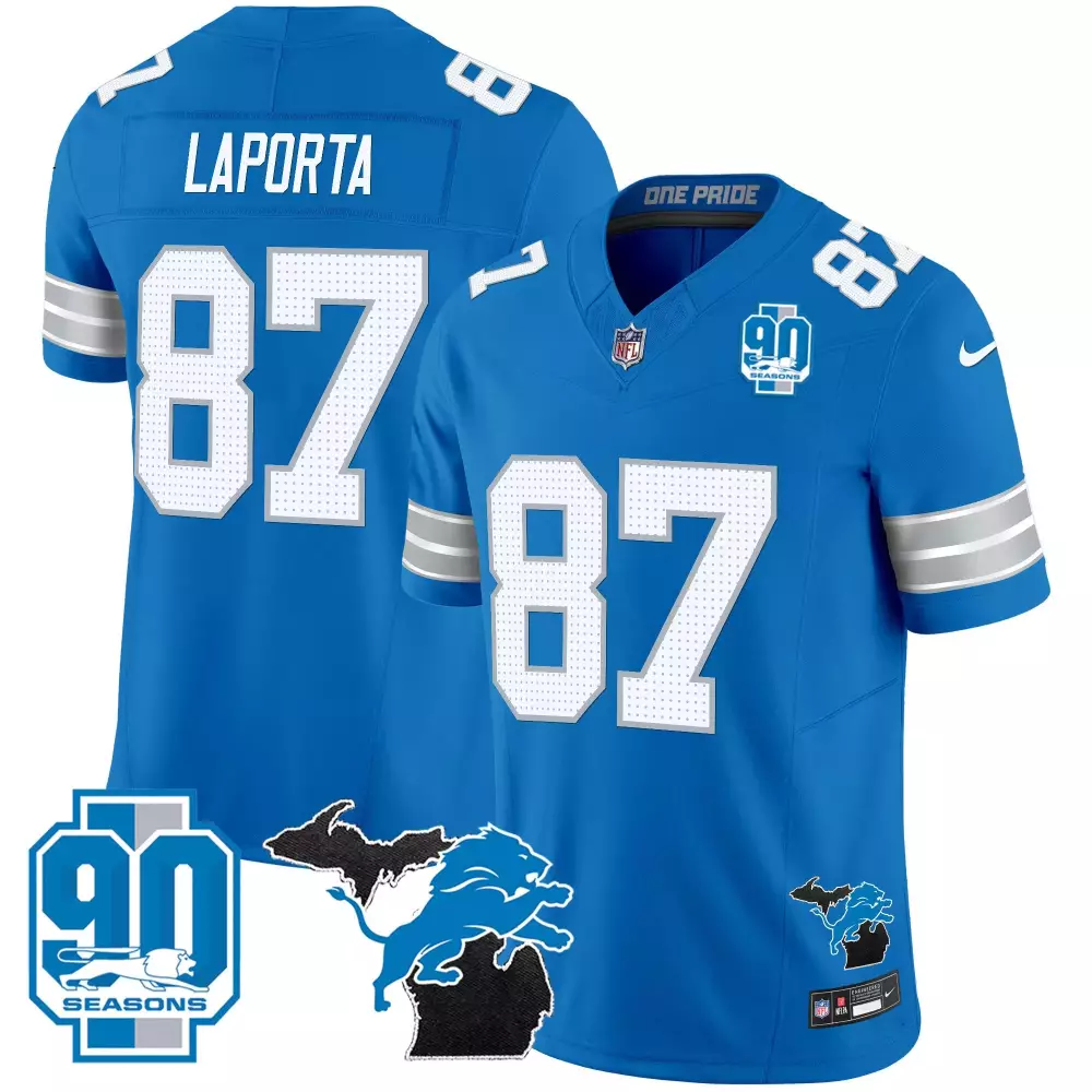 sam laporta blue mens detroit lions 2024 michigan 90th year patch game jersey all stitched