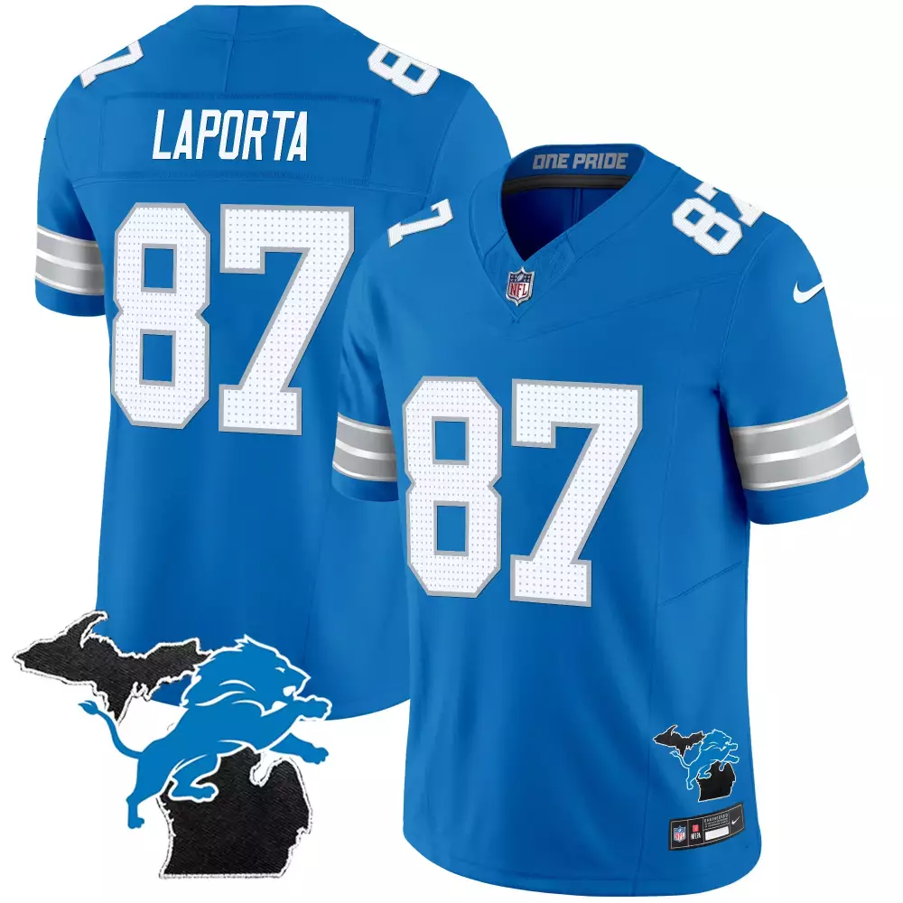 sam laporta blue mens detroit lions 2024 michigan 90th year patch game jersey all stitched