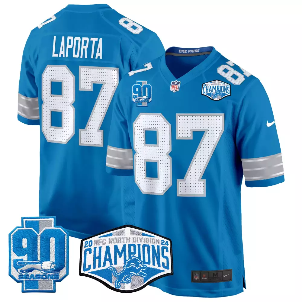 sam laporta blue mens detroit lions 2024 michigan 90th year patch game jersey all stitched