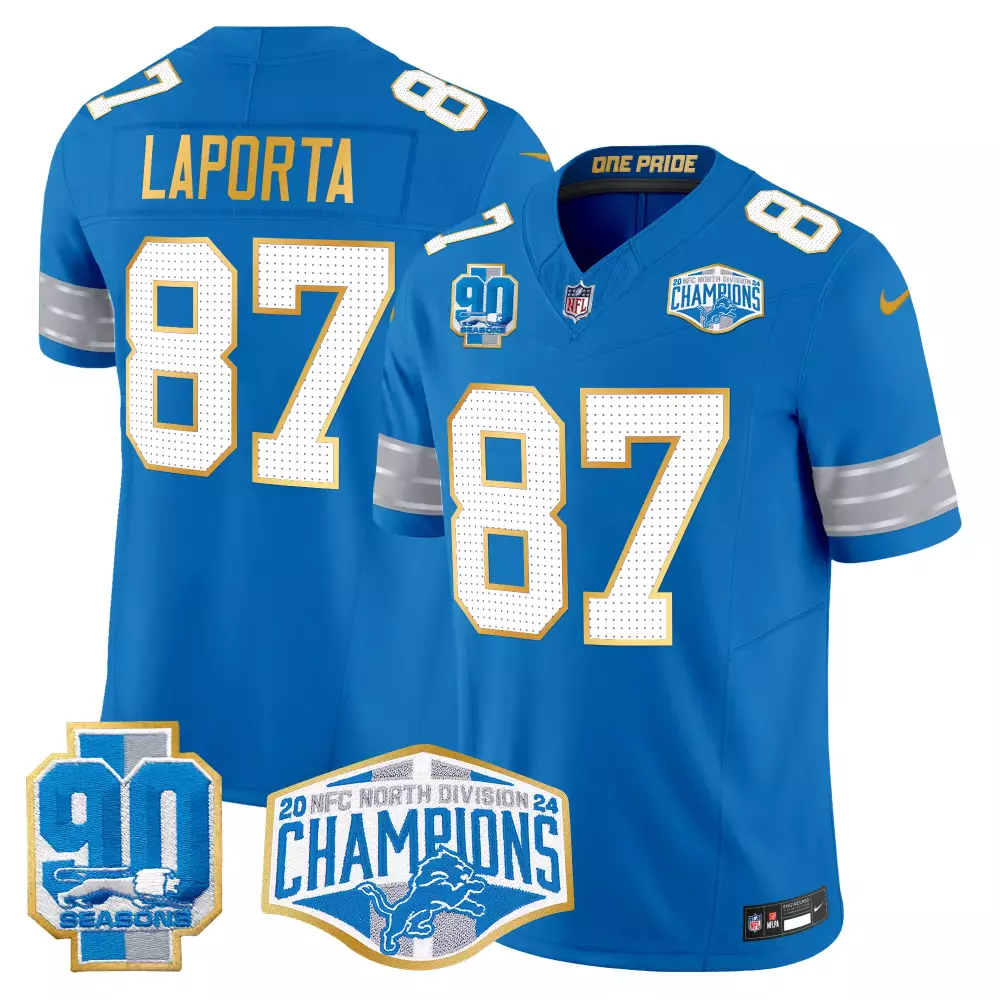 sam laporta blue mens detroit lions 2024 michigan 90th year patch game jersey all stitched
