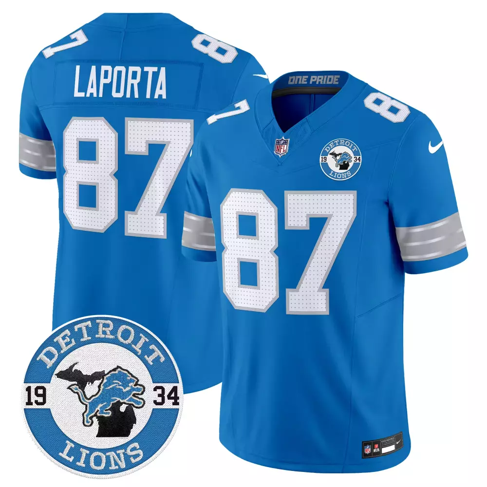 Sam Laporta Blue Men's Detroit Lions 2024 Vapor Limited Jersey Est 1934 Patch | Stitched Fan Gear | For Men, Women & Youth
