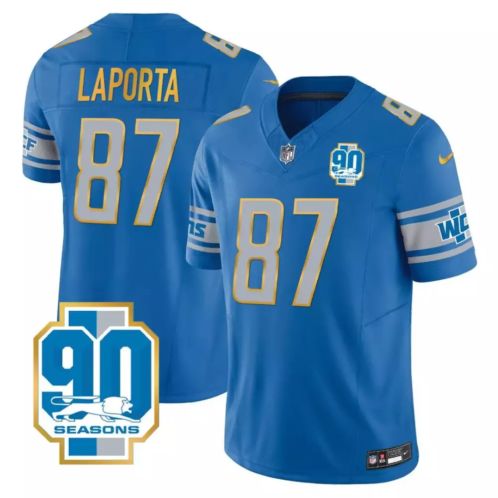 Sam Laporta Blue Men's Detroit Lions 90th Year Patch Gold Trim Jersey | Stitched Limited Edition | For Men, Women & Youth