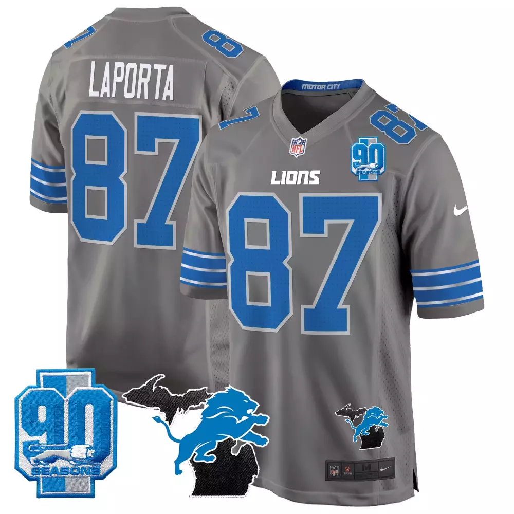 sam laporta gray mens detroit lions 2024 michigan 90th year patch game jersey all stitched