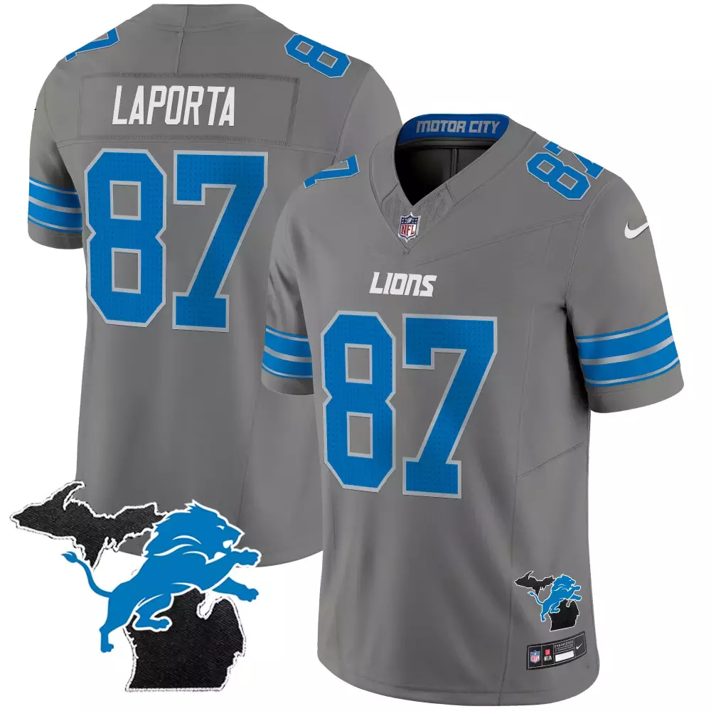 sam laporta gray mens detroit lions 2024 michigan 90th year patch game jersey all stitched