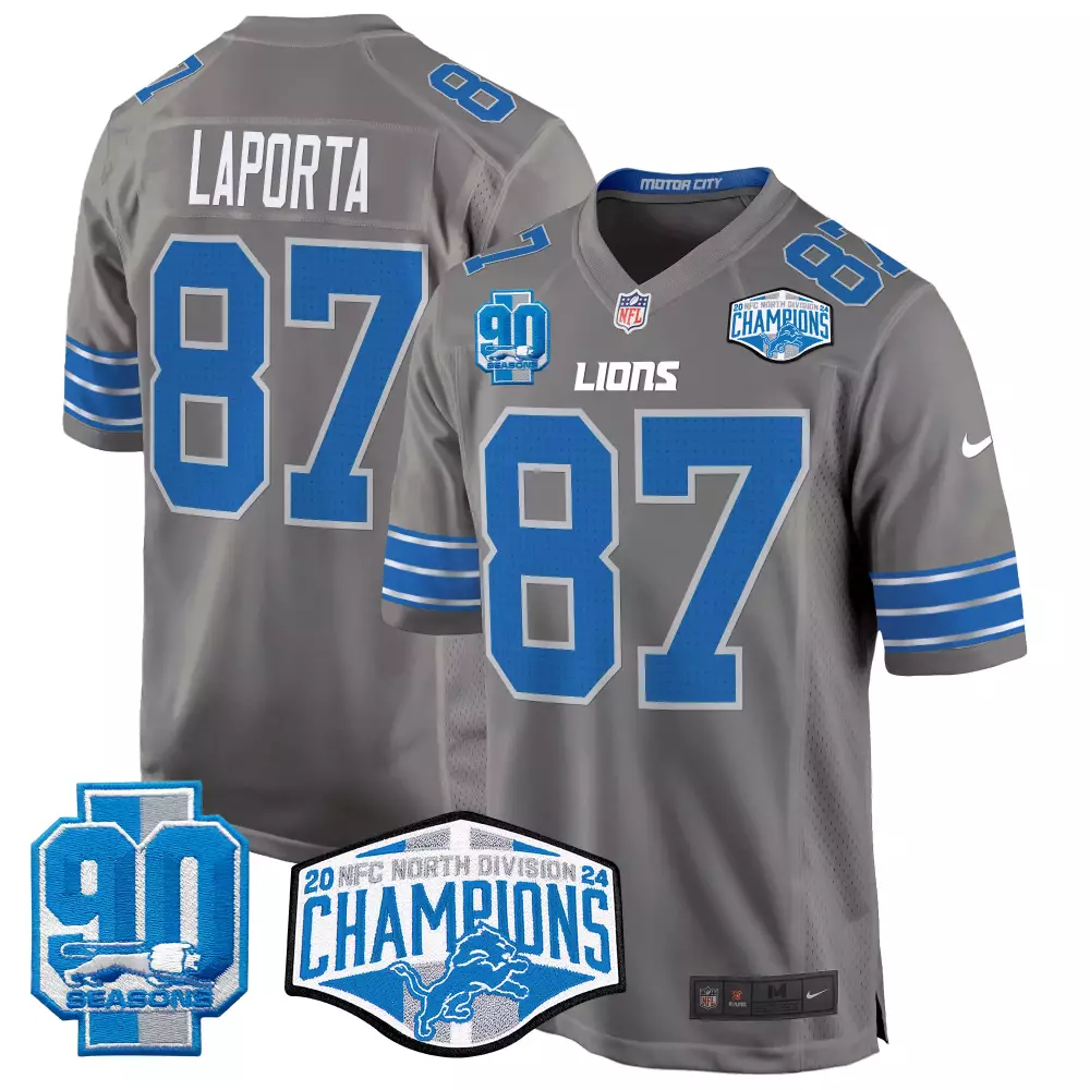 sam laporta gray mens detroit lions 2024 michigan 90th year patch game jersey all stitched