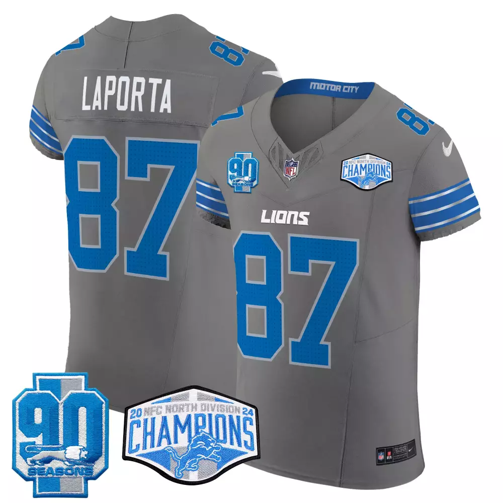 Sam Laporta Detroit Lions 2024 NFC North Champions Gray Jersey | Vapor Elite Stitched | Fan Gear for Men, Women & Youth
