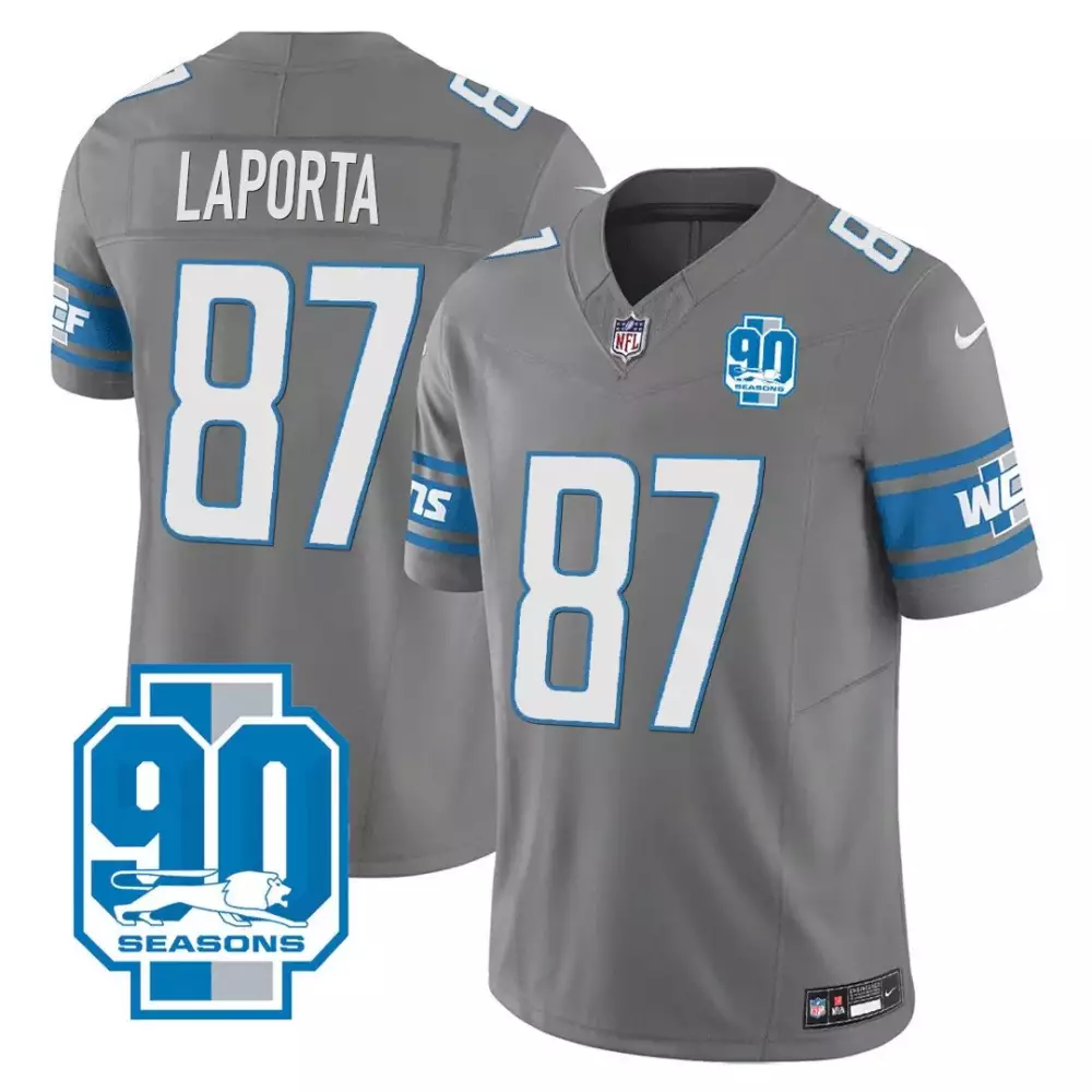 Sam Laporta Detroit Lions 90th Year Patch Gray Jersey | Stitched Fan Gear for Men, Women & Youth