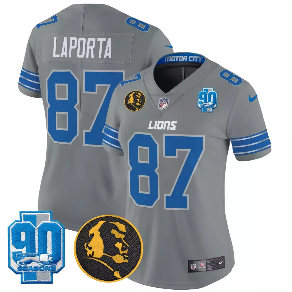 Sam Laporta Detroit Lions 2024 90th John Madden Patch Gray Vapor Limited Jersey | Stitched Fan Gear for Women