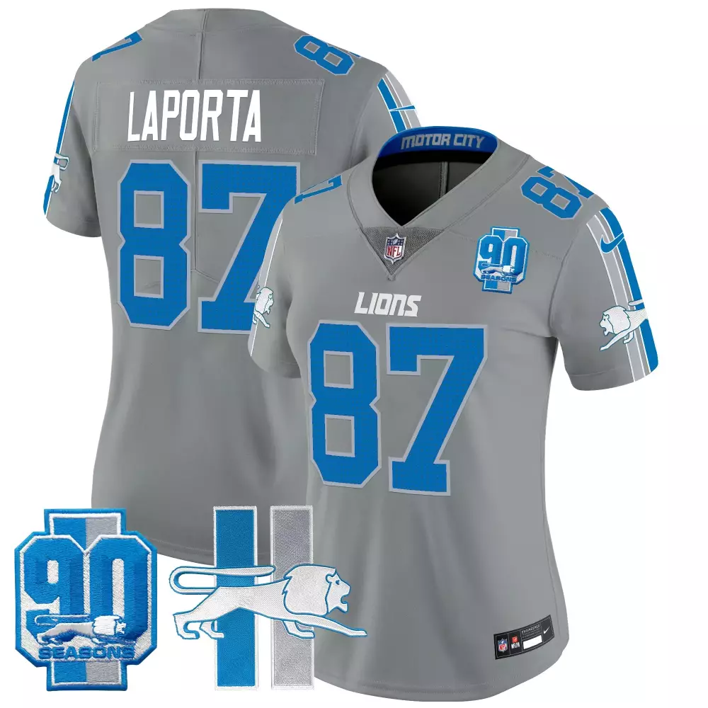 Sam Laporta Detroit Lions Throwback 90th Year Patch Gray Vapor Limited Jersey | Stitched Fan Gear for Women