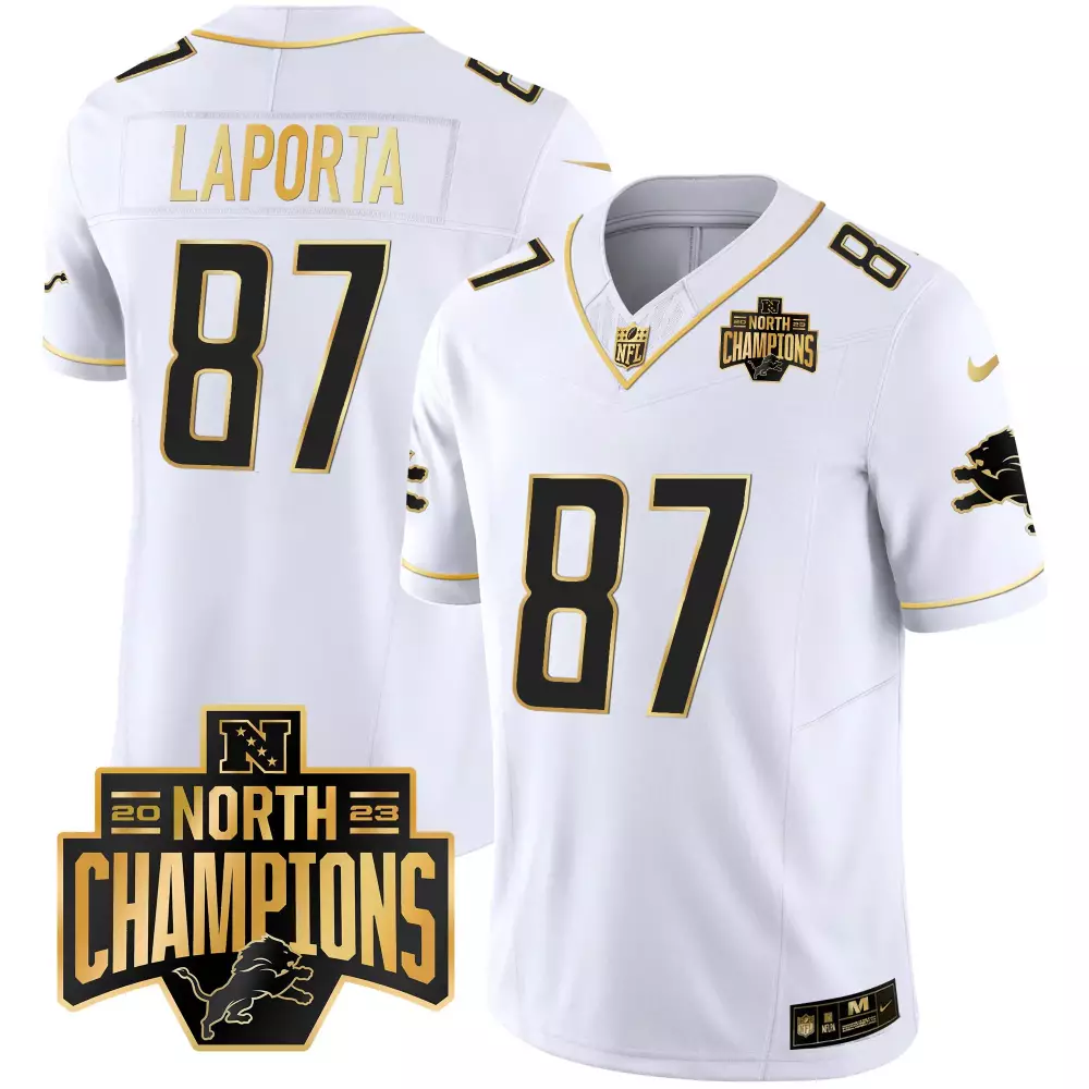 Sam Laporta 2023 NFC North Champions V2 Jersey | White Gold Vapor Stitched | Limited Edition Fan Gear for Men, Women & Youth