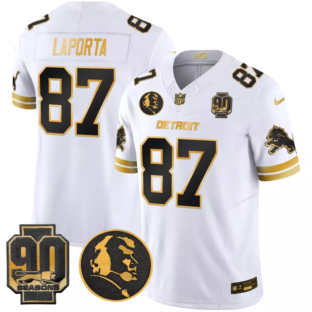 Sam Laporta 2024 90th John Madden Patch V2 Jersey | White Gold Vapor Limited Edition | Fan Gear for Men, Women & Youth