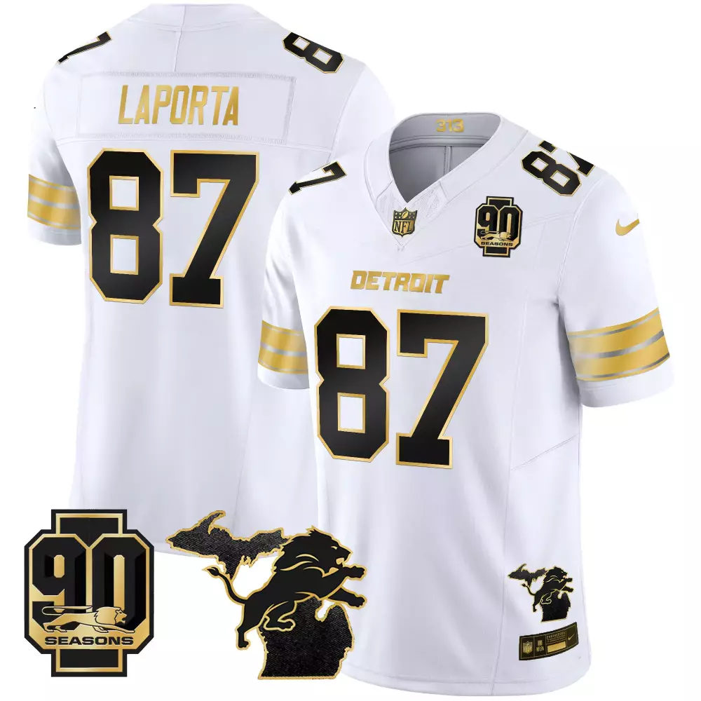 Sam Laporta 2024 Michigan 90th Season Patch Jersey | White Gold Vapor Limited Edition | Fan Gear for Men, Women & Youth