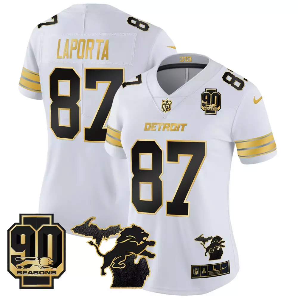 Sam Laporta Women's 90th Year Patch Vapor Limited Jersey | White Stitched | Fan Gear for Game Day | For Men, Women & Youth