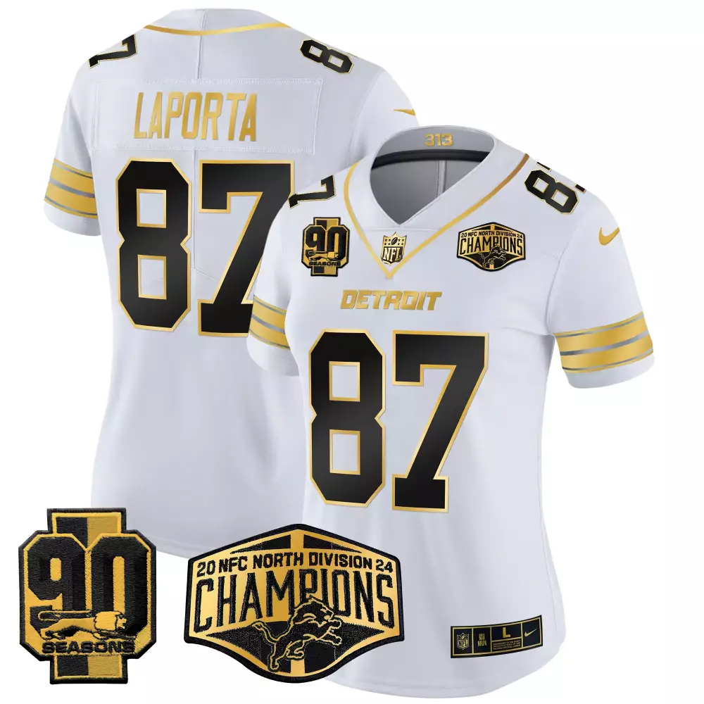 Sam Laporta Women's Detroit Lions 2024 NFC North Division Champions Gold Vapor Limited Jersey | Stitched Fan Gear | For Men, Women & Youth