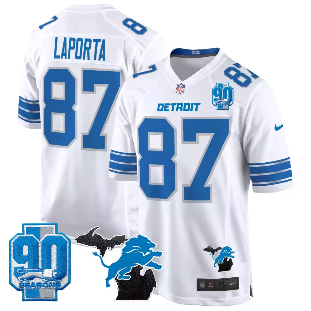 Sam Laporta 2024 Michigan 90th Season Patch Jersey | White Gold Vapor Limited Edition | Fan Gear for Men, Women & Youth