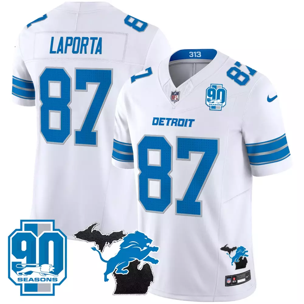 Sam Laporta 2024 Michigan 90th Season Patch Jersey | White Gold Vapor Limited Edition | Fan Gear for Men, Women & Youth