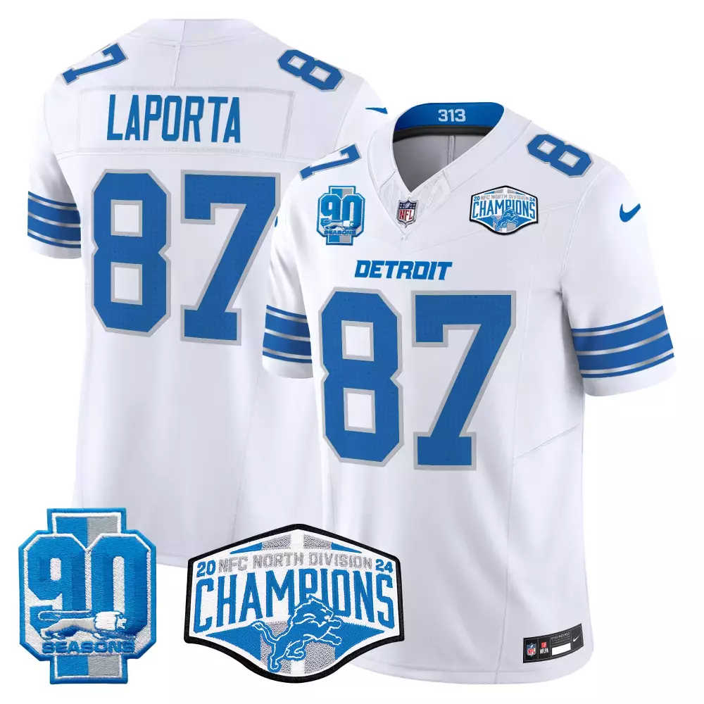 Sam Laporta 2024 NFC North Division Champions Patch Vapor Limited Jersey | White Stitched | Fan Gear for Men, Women & Youth