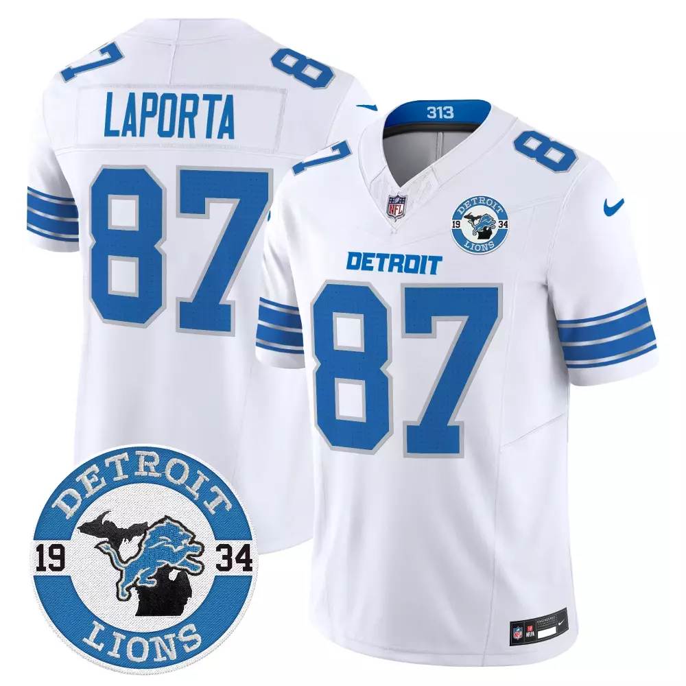 Sam Laporta 2024 NFC North Division Champions Patch Vapor Limited Jersey | White Stitched | Fan Gear for Men, Women & Youth