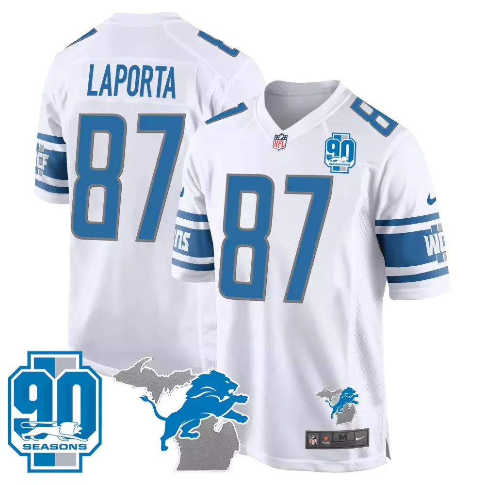 Sam Laporta 90th Year Michigan Patch Game Jersey | White Stitched | Fan Gear for Men, Women & Youth